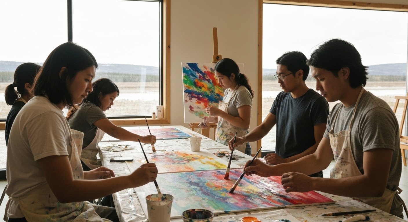 Person painting abstract colorful patterns on canvas during a relaxation art session in Whitehorse, Yukon, focused on mindfulness and creativity.