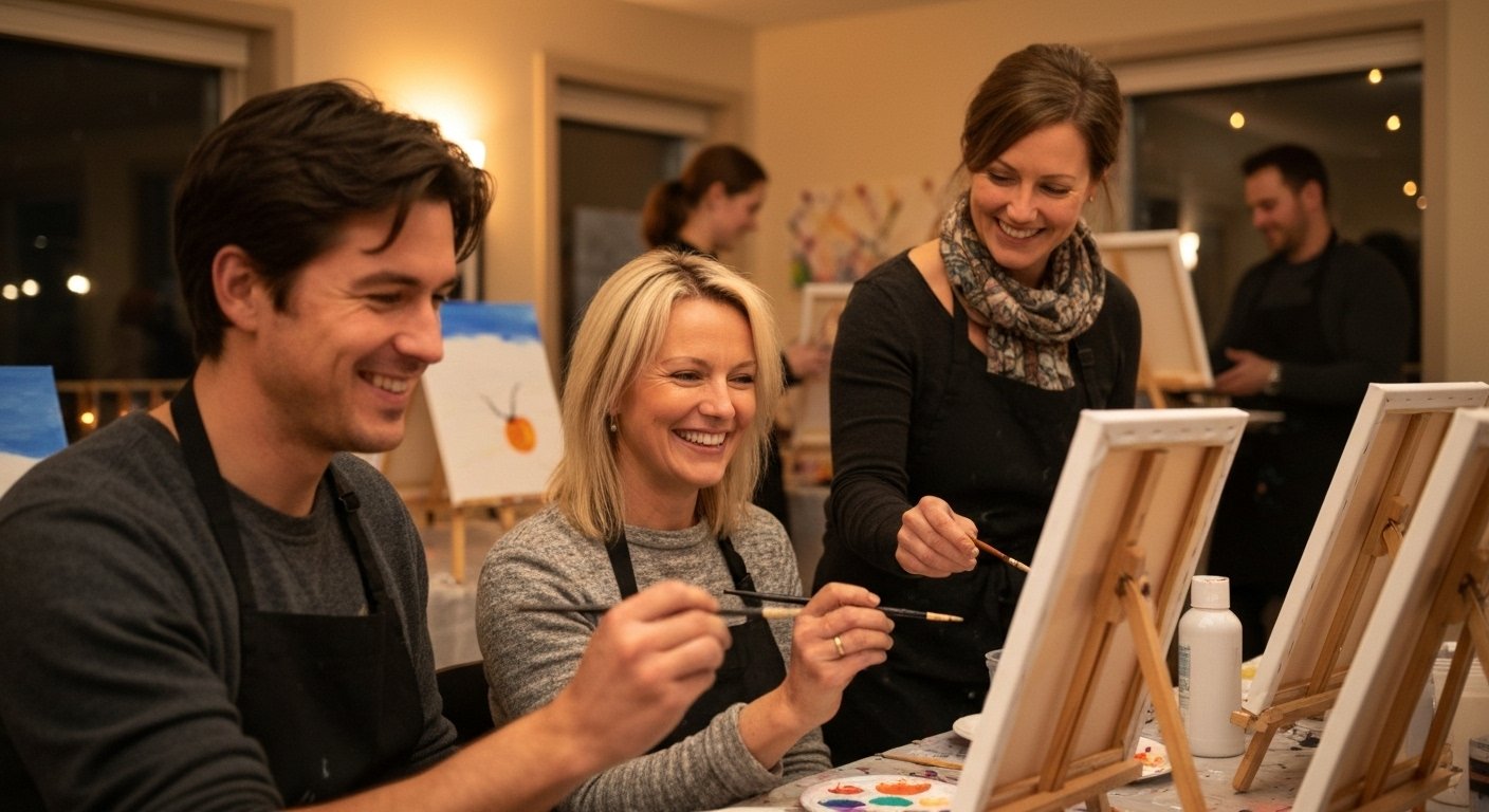 Two happy adults painting together during an evening art class in Whitehorse, Yukon, surrounded by cozy lighting, laughter, and creativity.