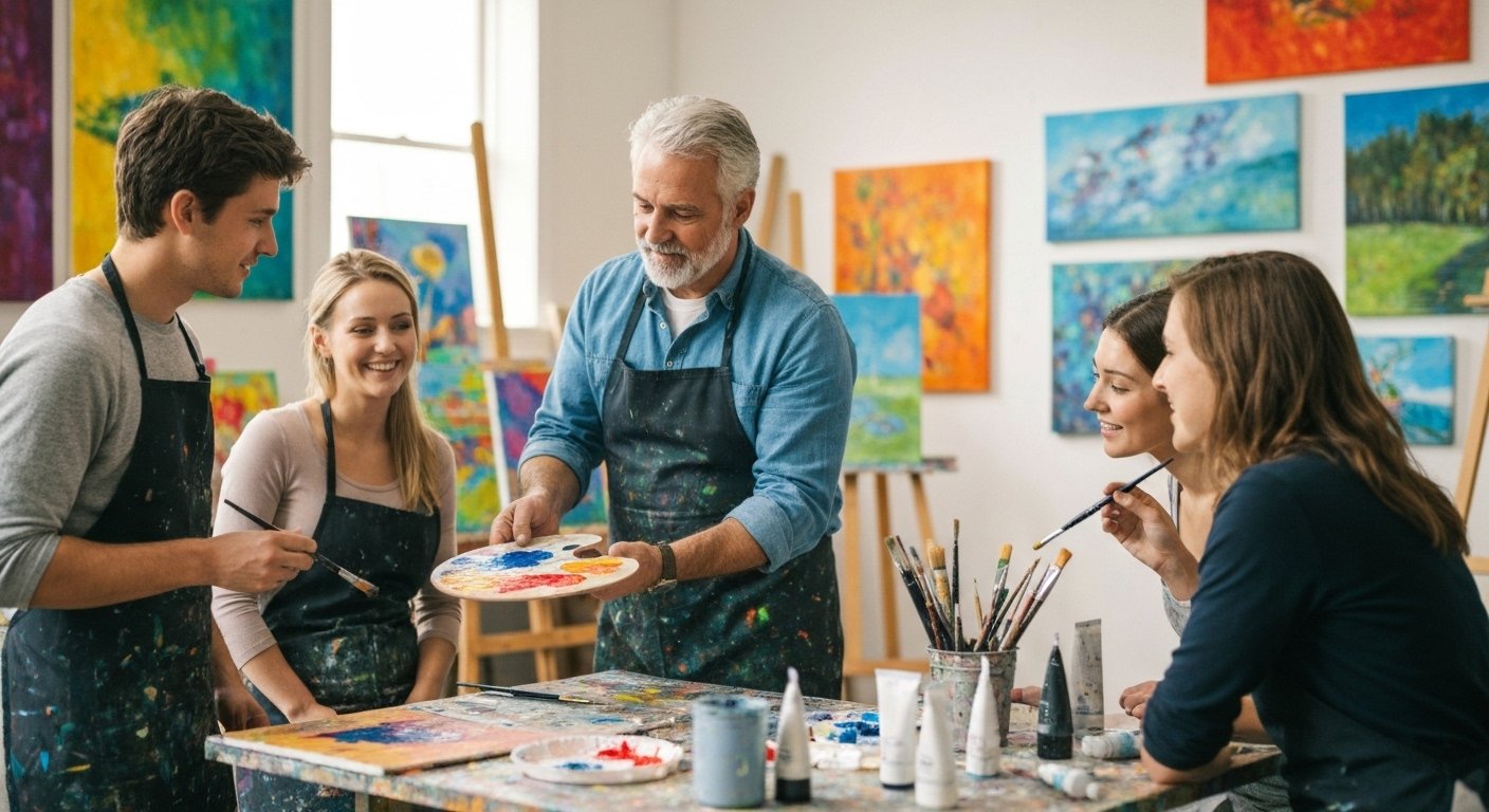 Artist painting with bright acrylic colors during creative art workshop in Whitehorse, Yukon, exploring color expression and composition.