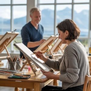 Person painting abstract patterns on large canvas during relaxation art session in Whitehorse Yukon.