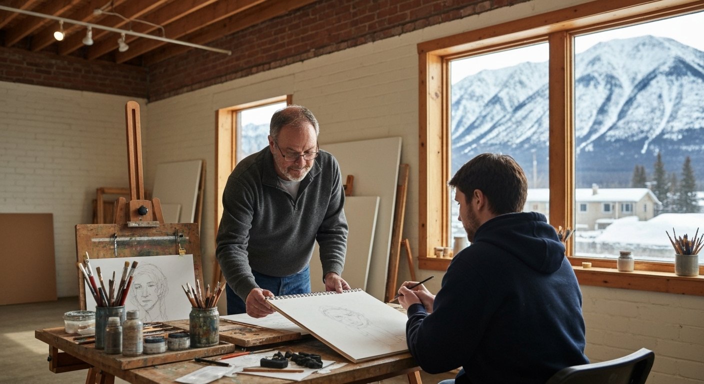 Local Yukon art instructor teaching a smiling student during a painting class in Whitehorse — warm daylight, creative atmosphere, and inspiring guidance.