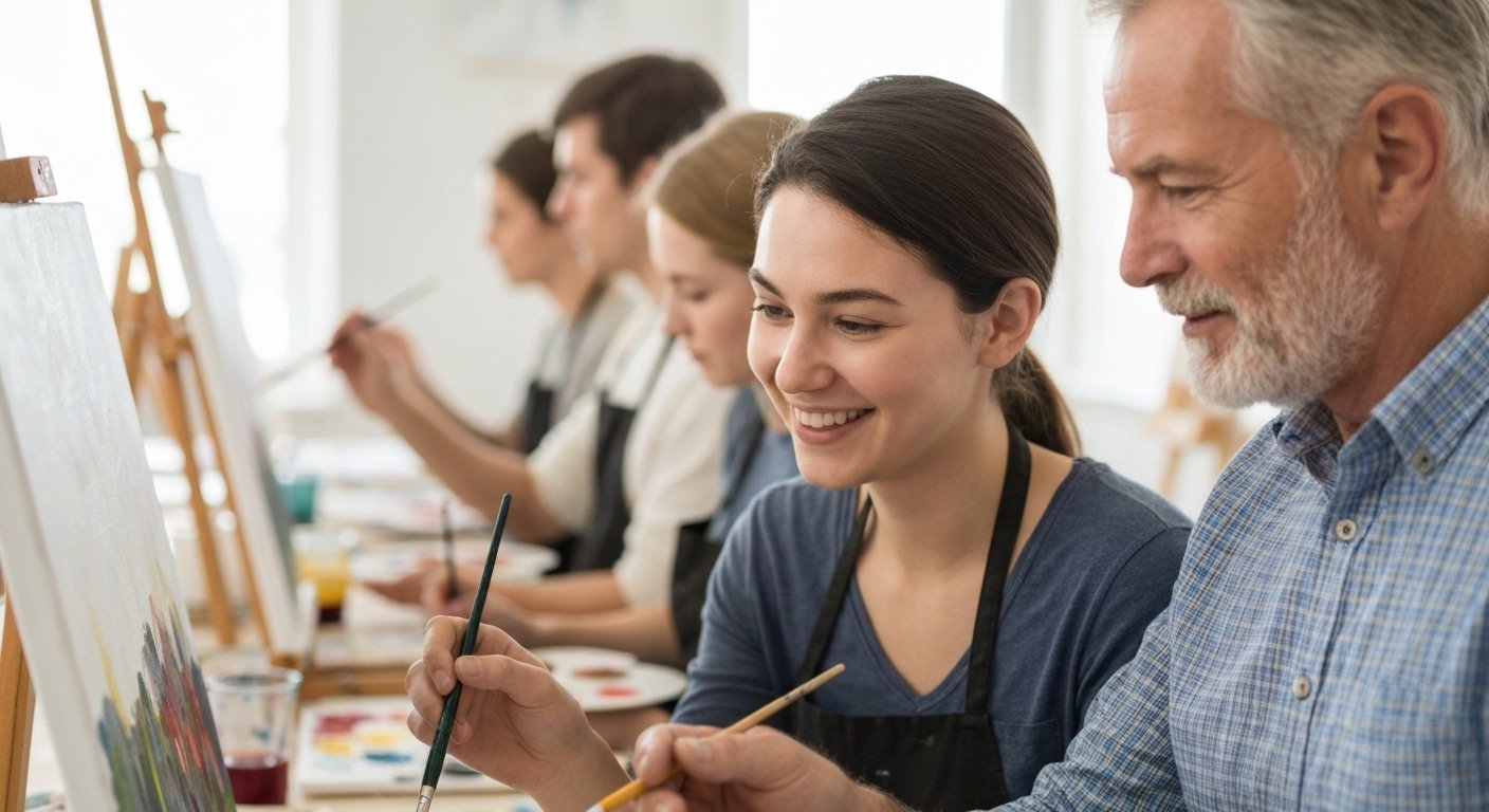 Smiling art student and instructor working together on a colorful painting in a bright Whitehorse studio — personalized guidance, positive energy, and creativity.